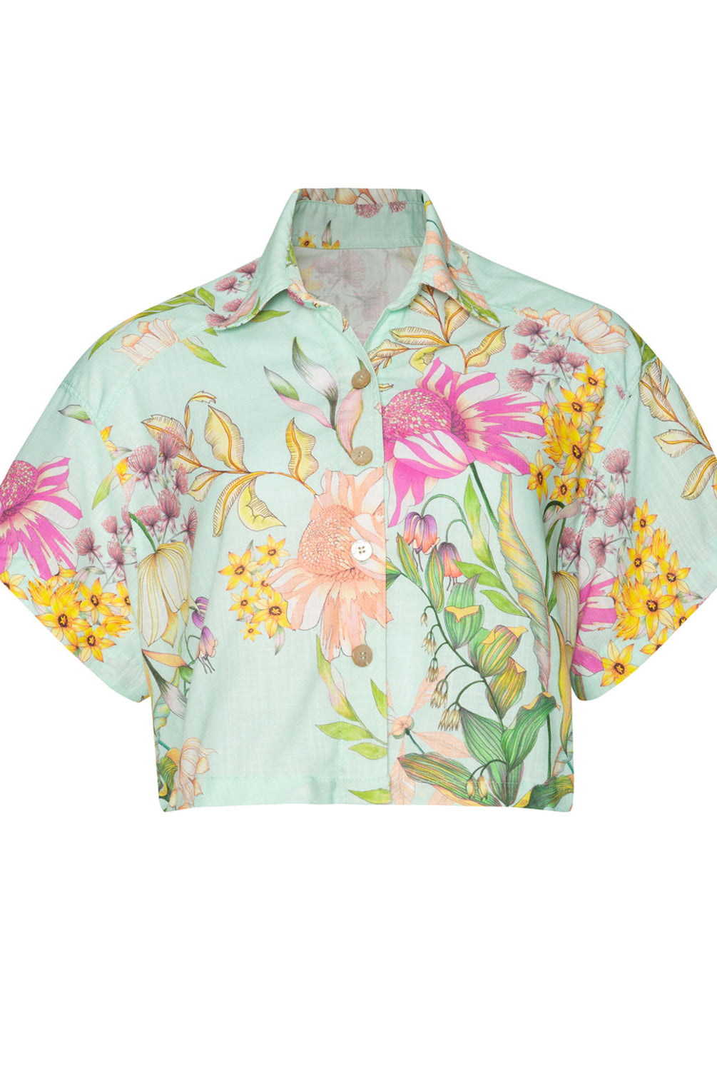 A teal floral collared short sleeve shirt in front of a white background.