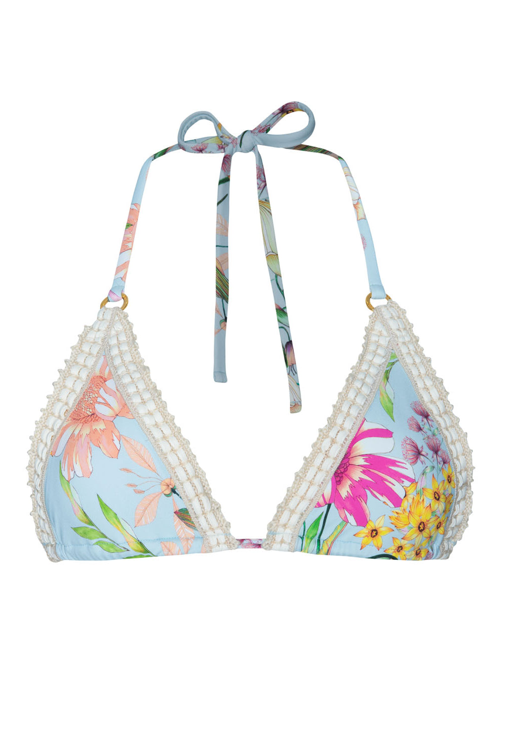A light blue floral triangle top against a white wall.