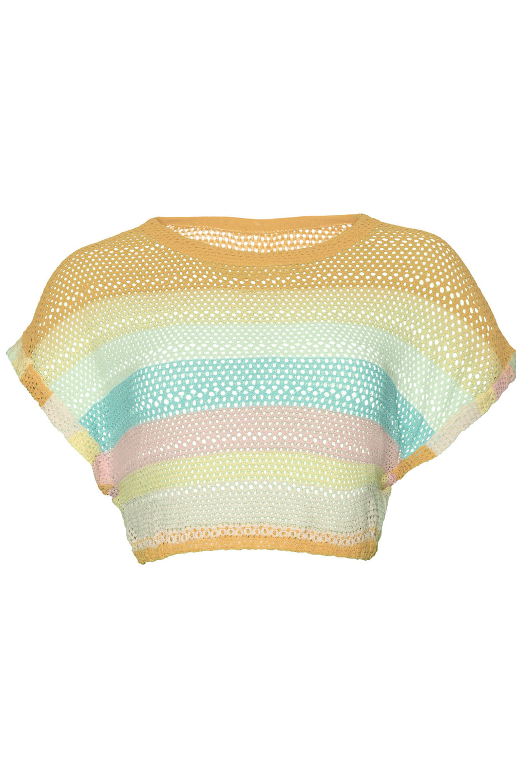 A striped crochet knit top against a white wall.