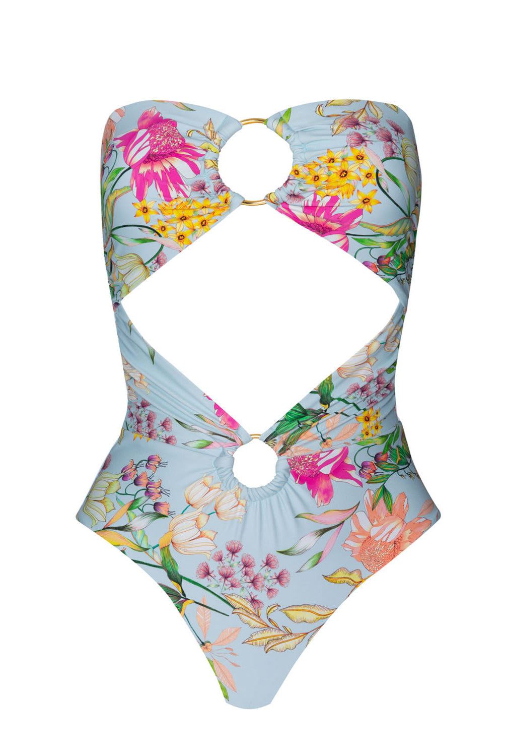 A strapless light blue floral one piece swimsuit against a white wall.