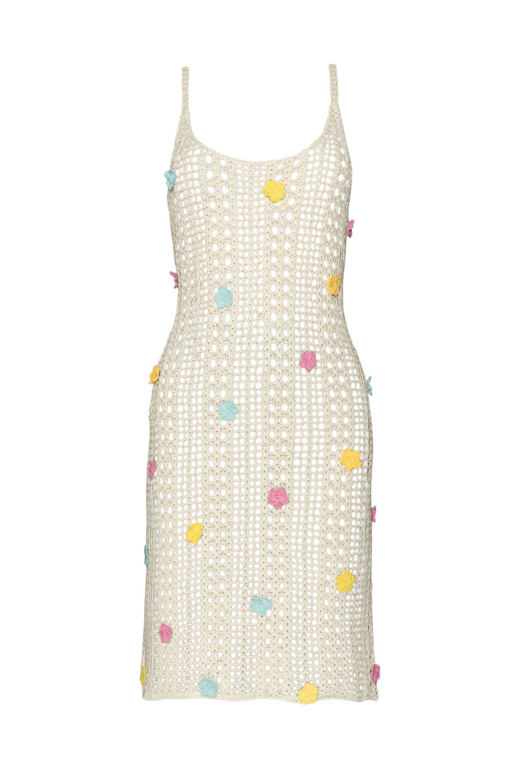 An ivory crochet knit dress with colorful flowers against a white wall.