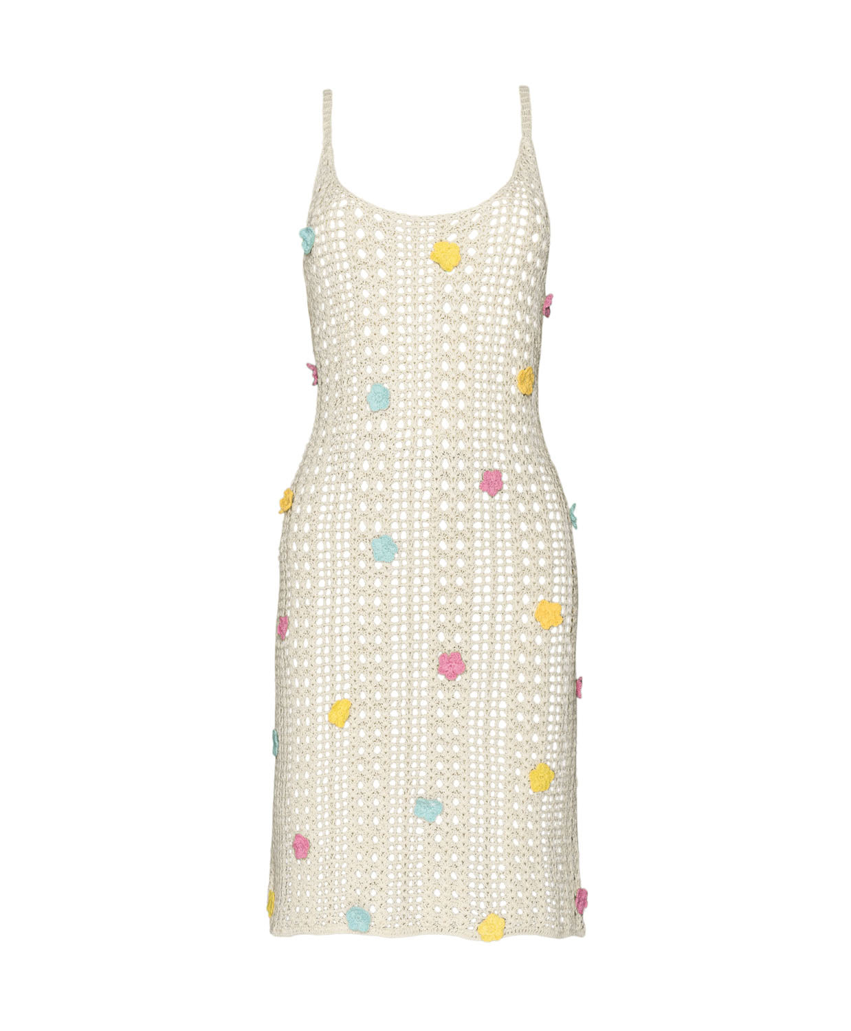 An ivory crochet knit dress with colorful flowers against a white wall.