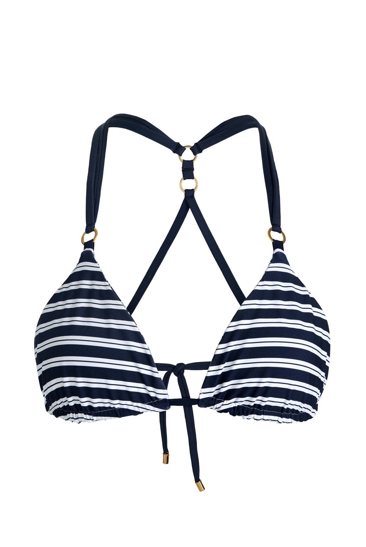 A navy blue and white stripe print triangle bikini top with gold-tone ring hardware at the straps against a white background.