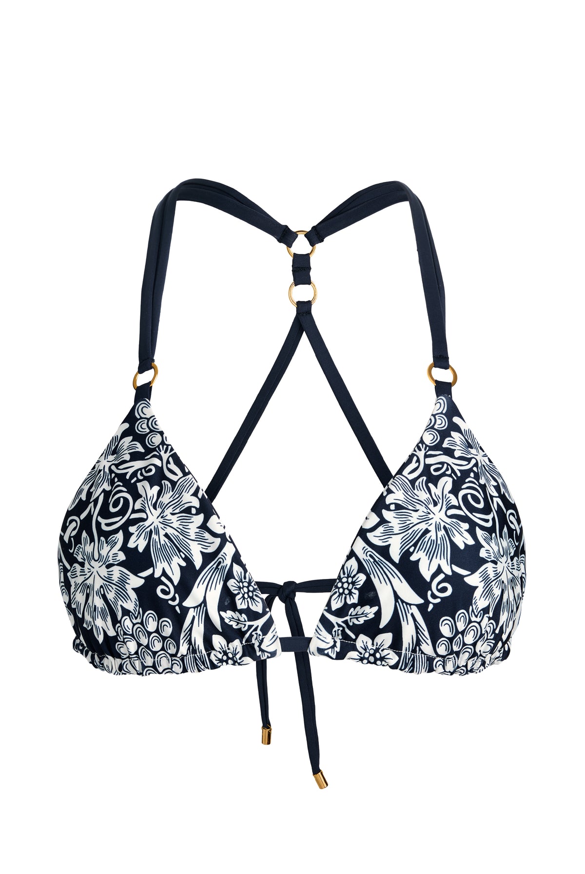 A navy blue and white floral print triangle bikini top with gold-tone ring hardware at the straps against a white background.