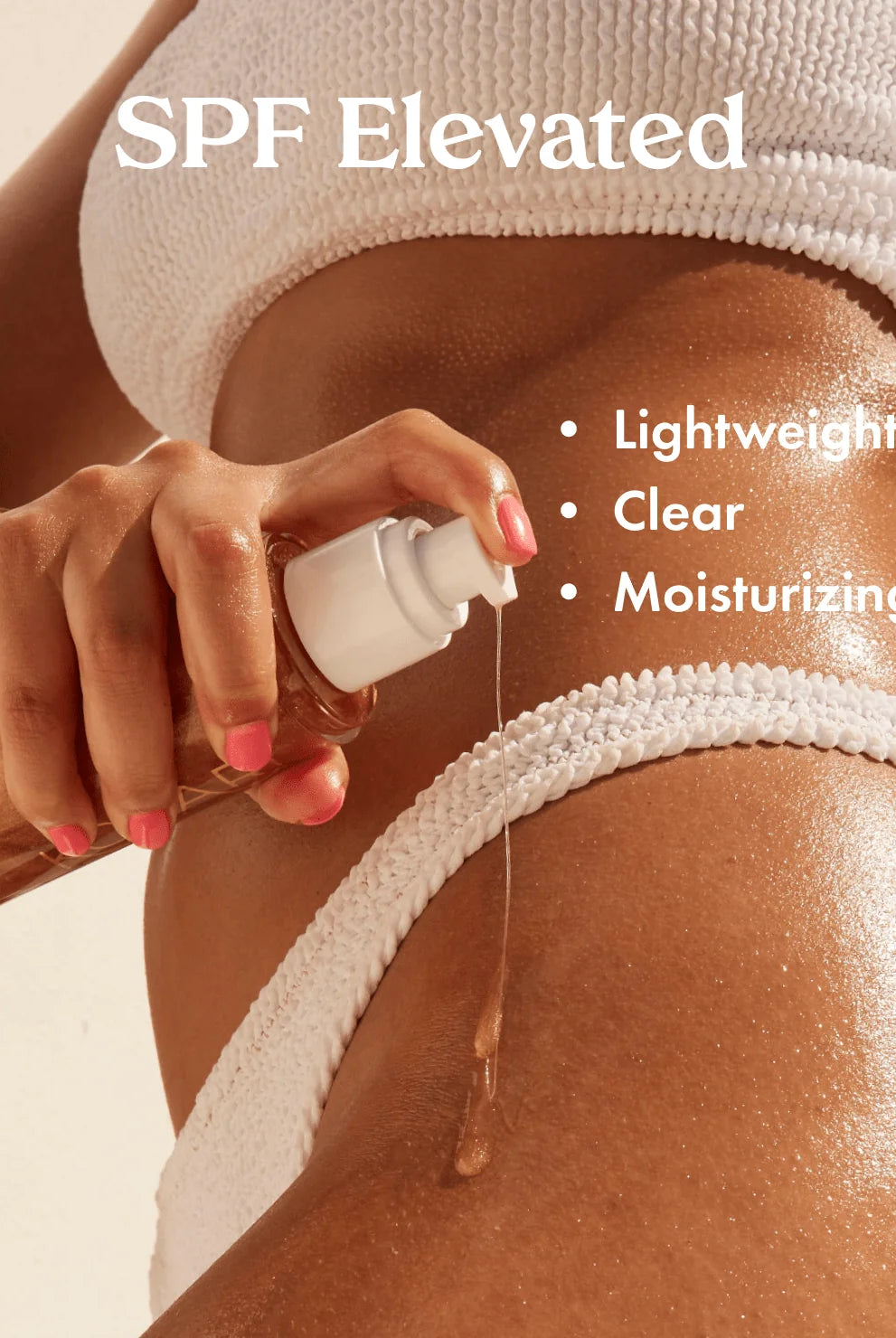 A woman in a white bikini holding a tube of  body glow sunscreen.