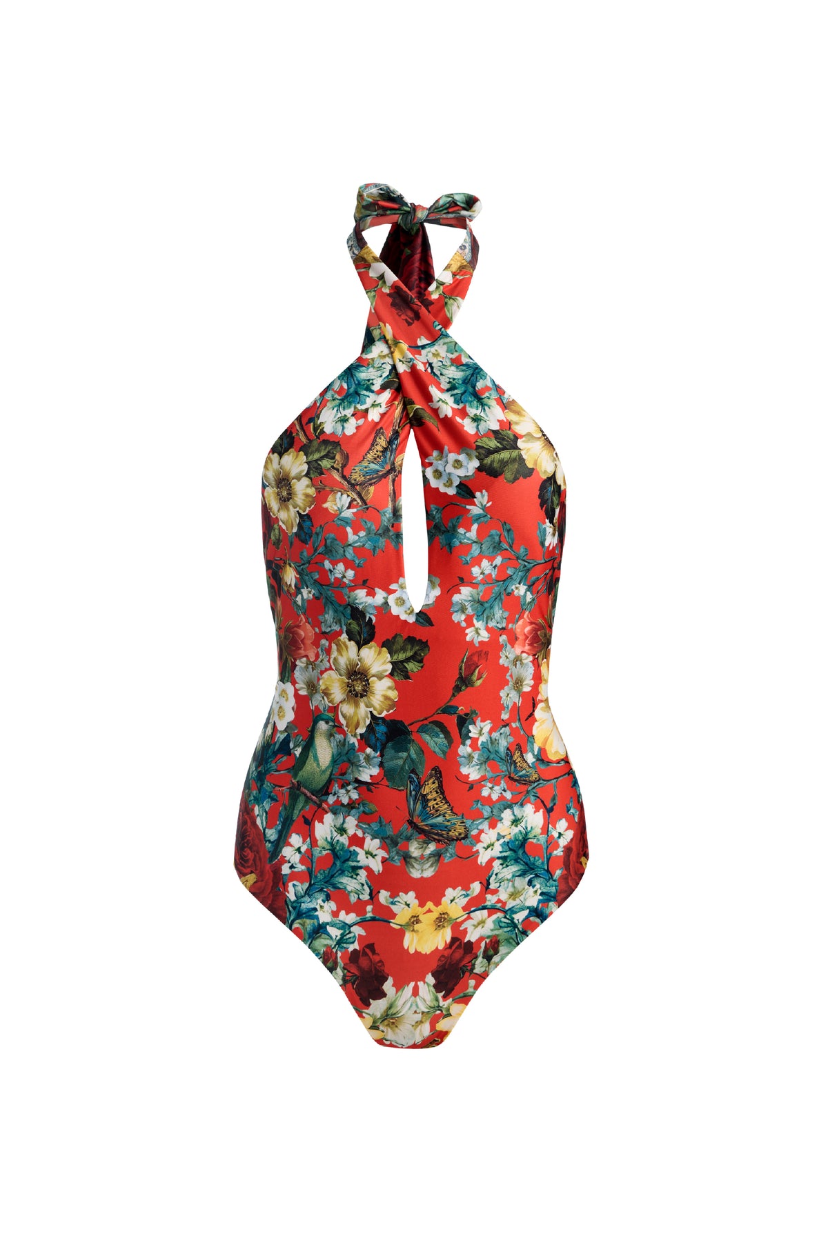 A red one-piece halter swimsuit with a vibrant floral and paisley print in green, blue, yellow, and white, shown against a plain white background.