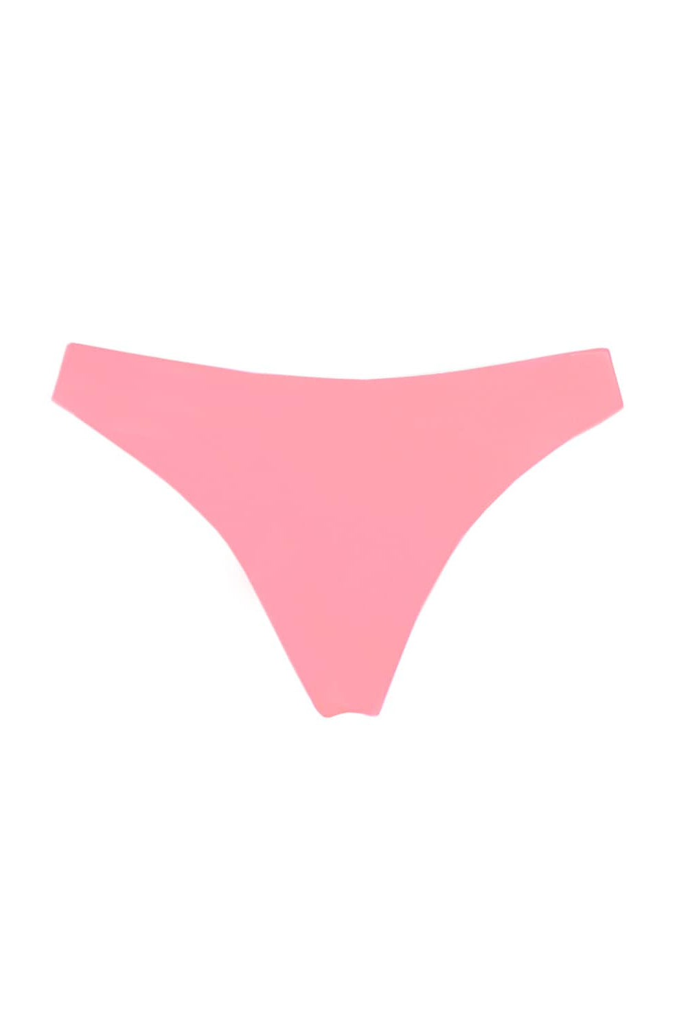 A coral colored bikini bottom against a white wall.