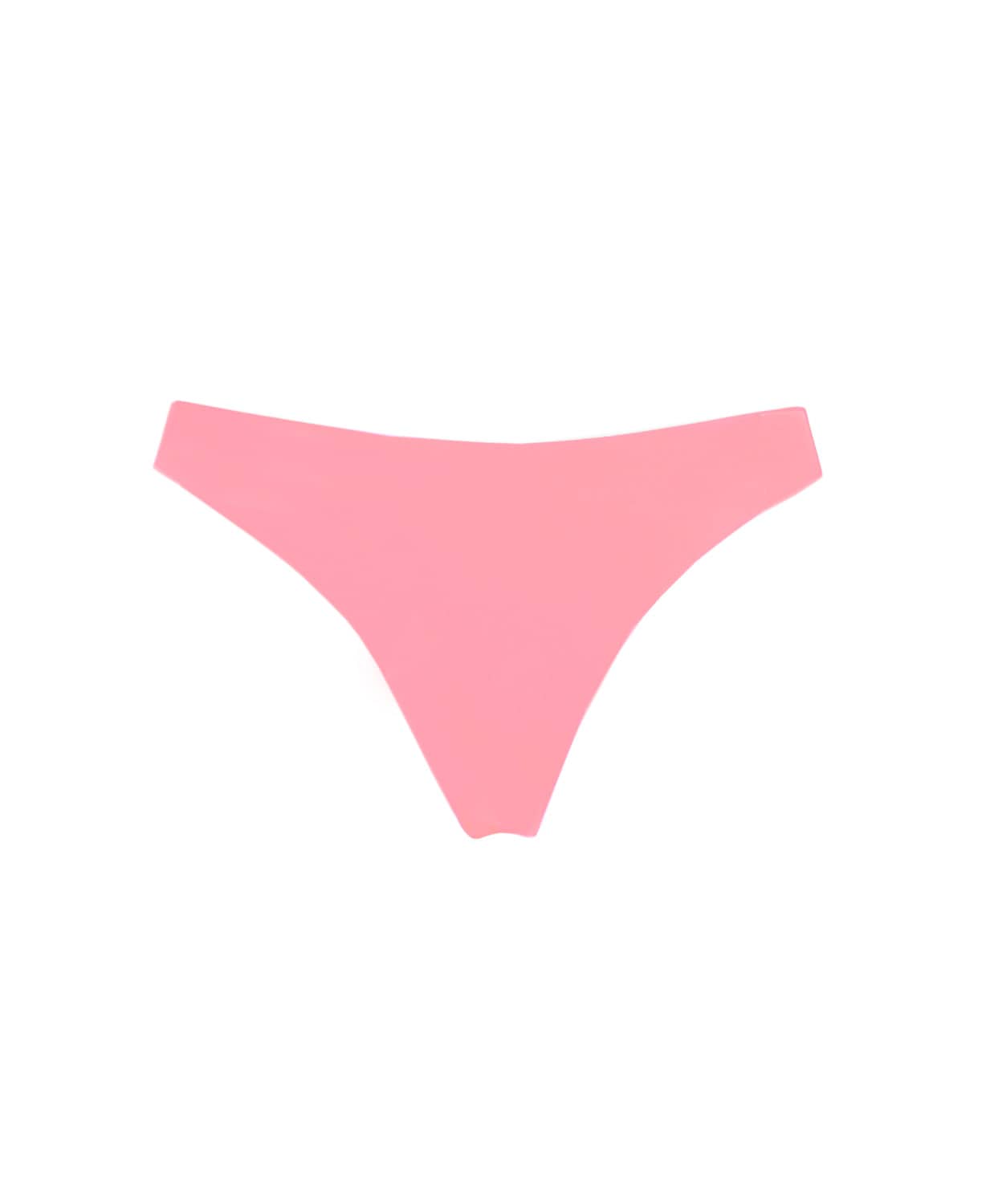 A coral colored bikini bottom against a white wall.