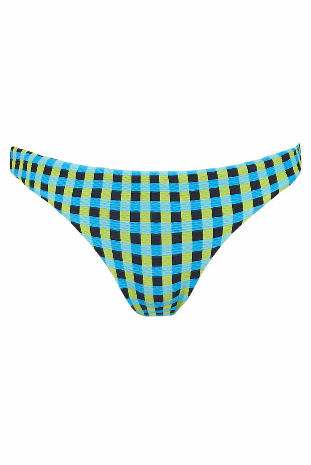 A blue and green checkered bikini bottom in front of a white wall.