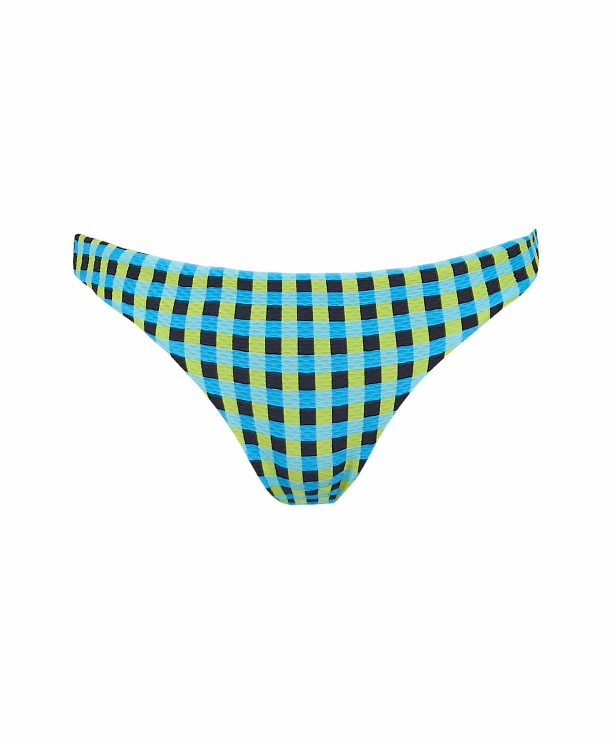 A blue and green checkered bikini bottom in front of a white wall.