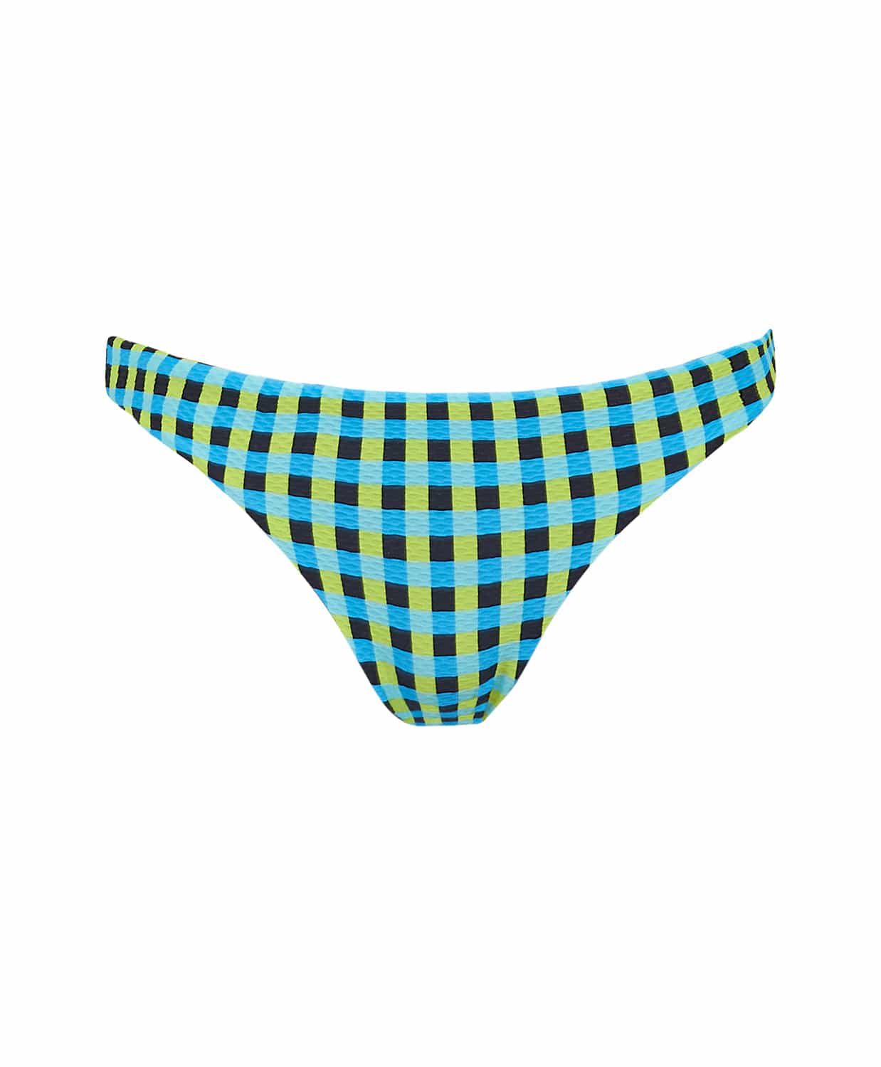 A blue and green checkered bikini bottom in front of a white wall. 