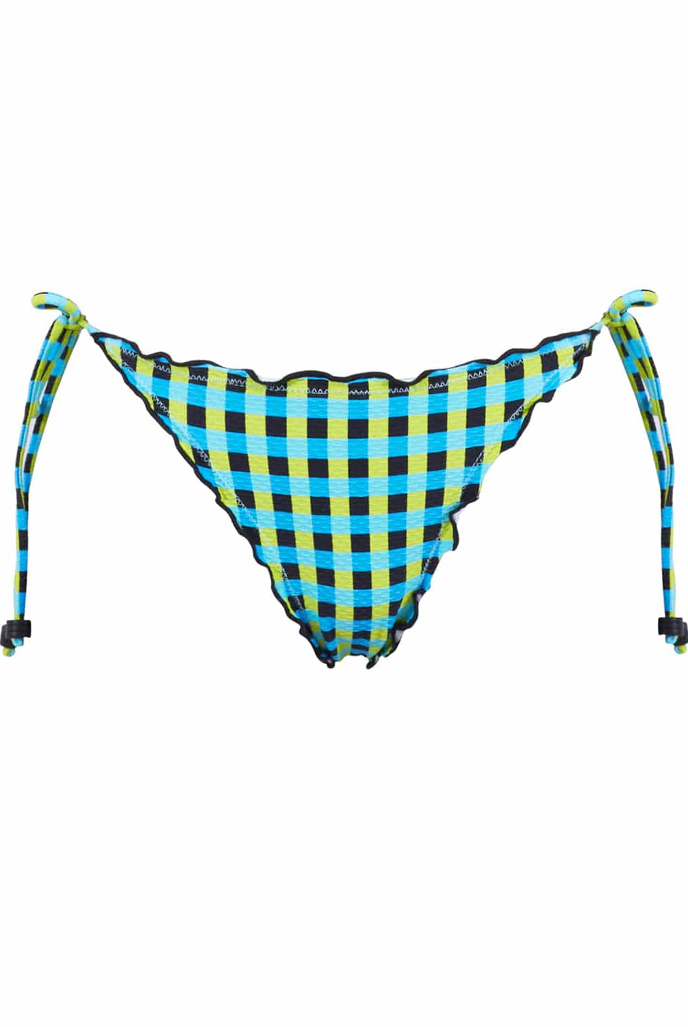 A blue and green checkered bikini bottom against a white wall.
