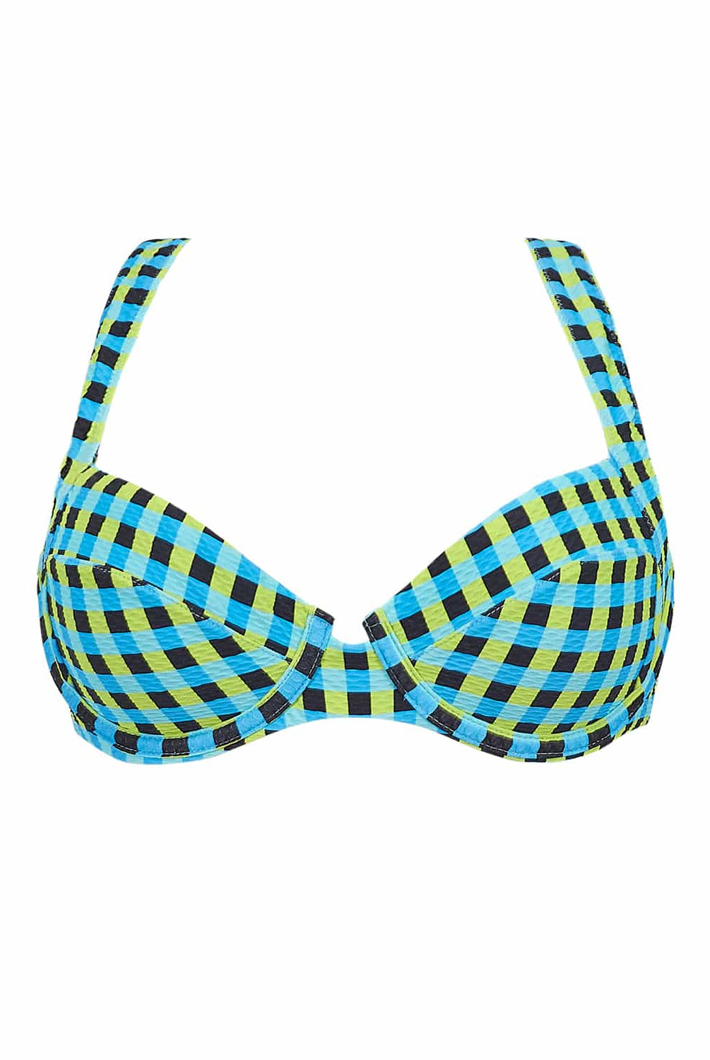 A blue and green checkered bikini top against a white wall. 