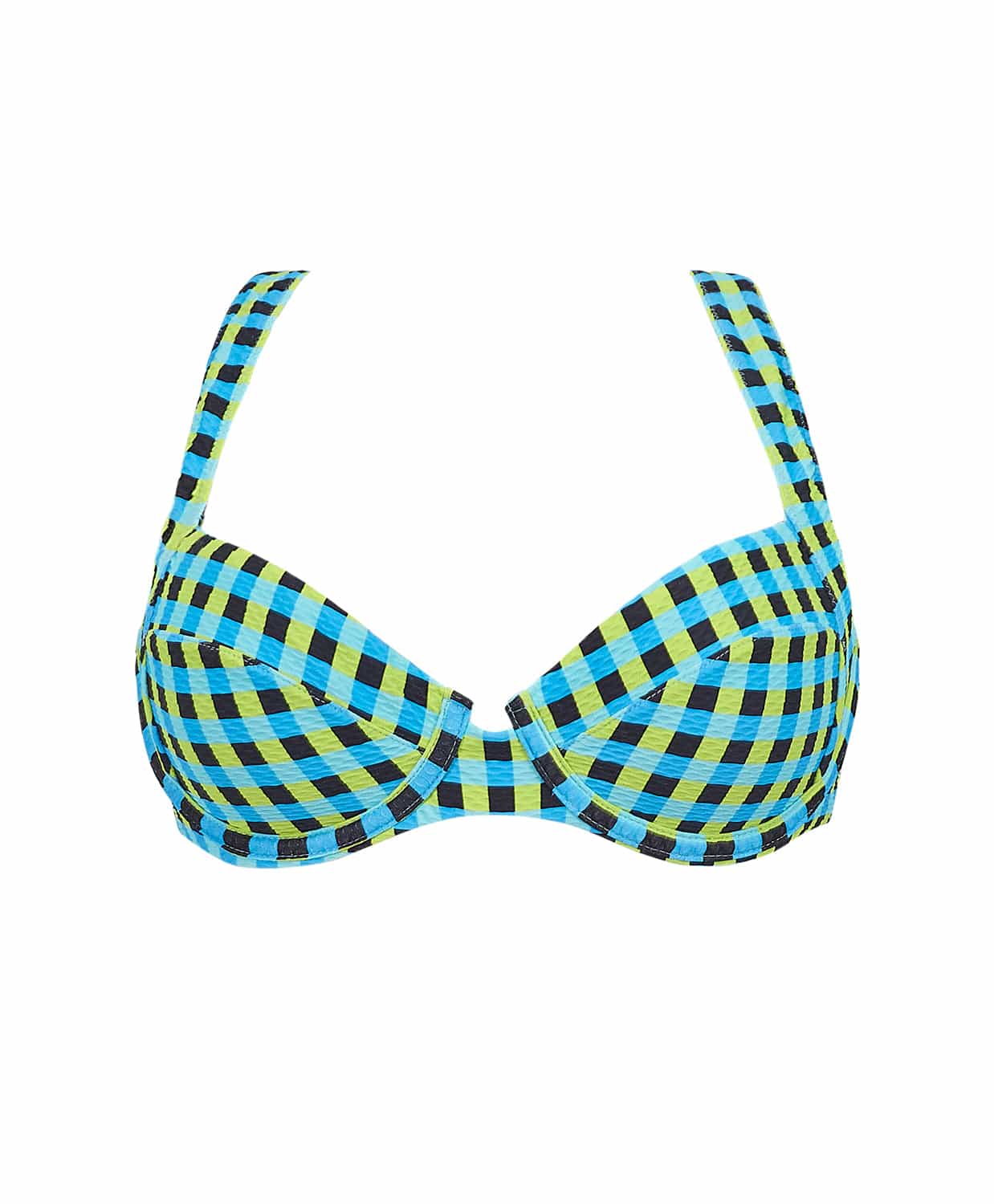 A blue and green checkered bikini top against a white wall.