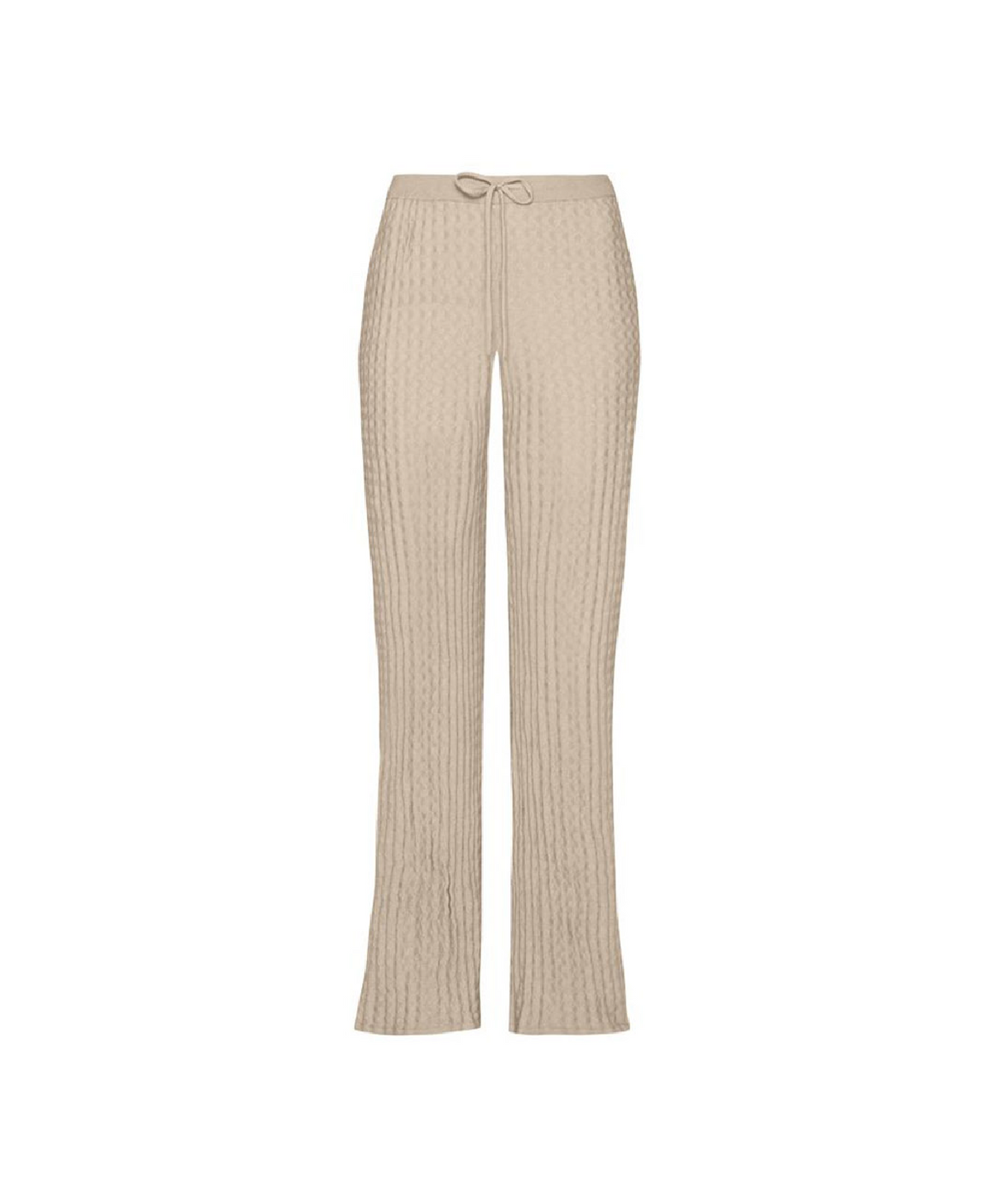 A pair of beige ribbed knit wide-leg pants with a drawstring waist, shown against a plain white background.