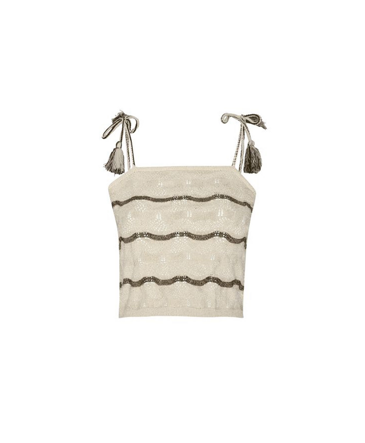 A cream-colored knit crop top with horizontal wavy bands of metallic gold sequins and tie-shoulder straps with tassel accents, shown on a plain white background.