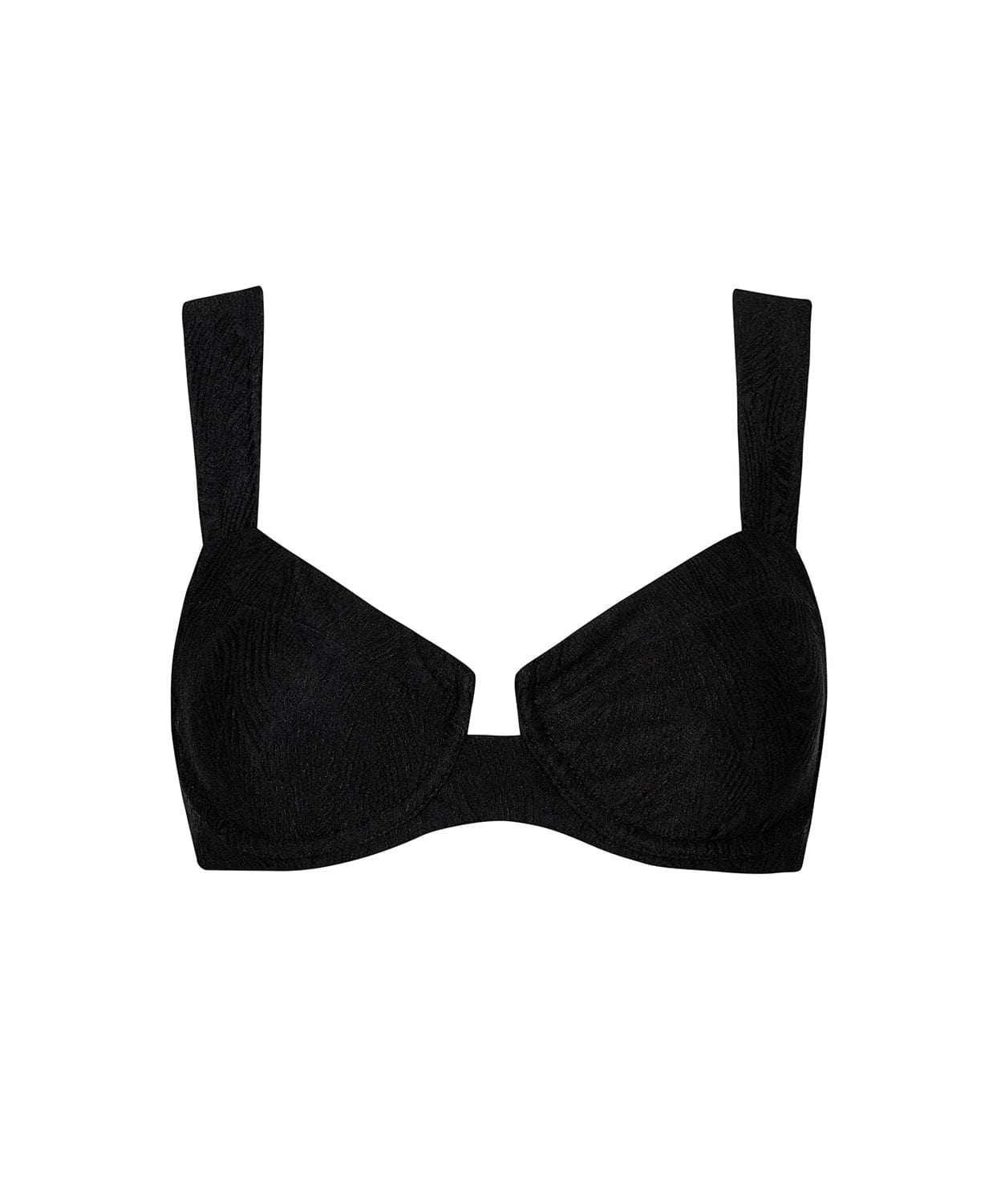 Black textured underwire bikini top in front of white background.