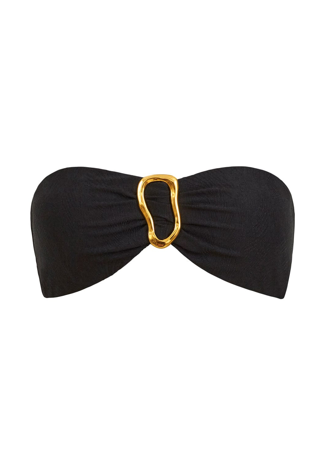 Black bandeau top with gold detail and textured fabric on white background.