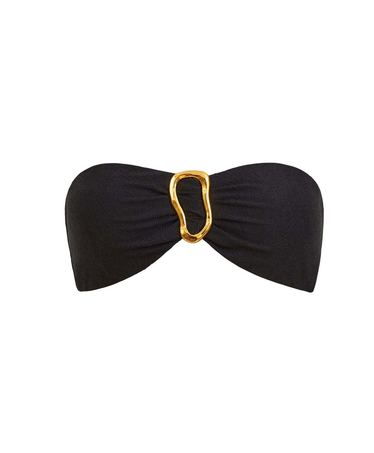 Black bandeau top with gold detail and textured fabric on white background.