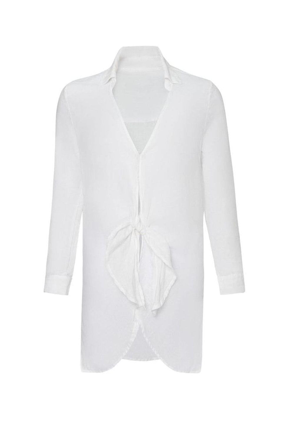 A white long sleeve cover up with a tie closure in the front against a white wall.