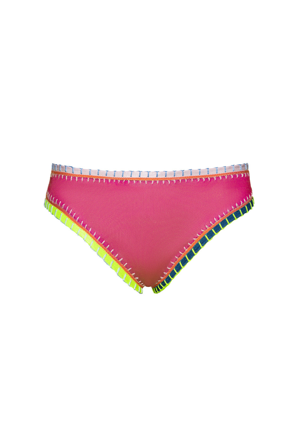 Pink bikini bottom with colorful trim on a white background