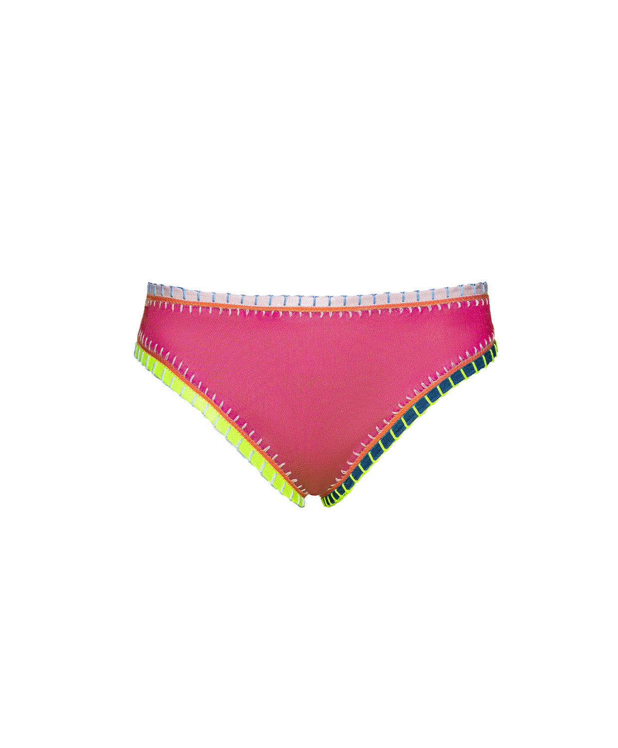 Pink bikini bottom with colorful trim on a white background