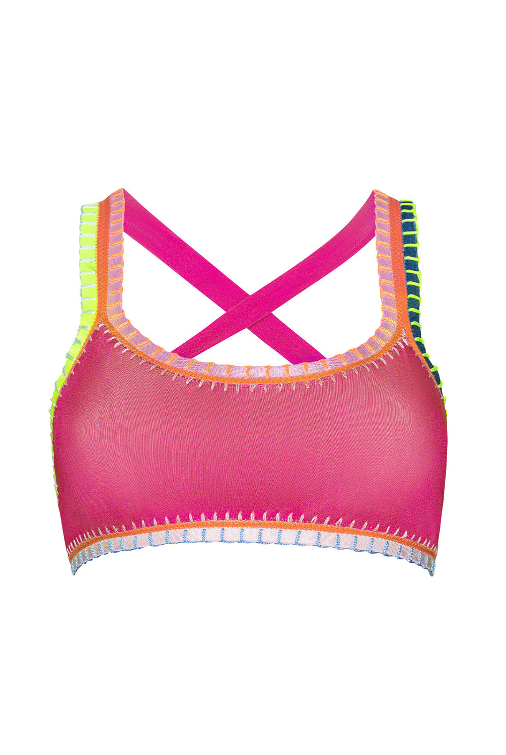 Pink bikini top with colorful trim on a white background