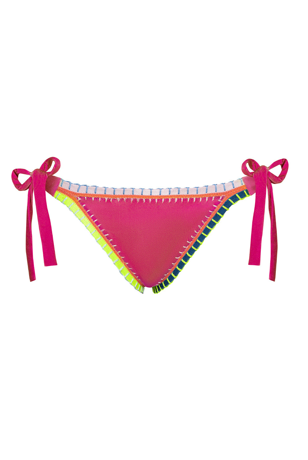 Pink bikini bottom with colorful trim and bows on a white background
