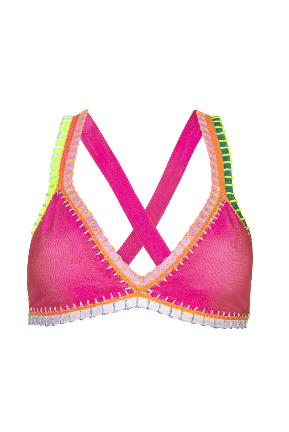 Pink bikini top with colorful trim on a white background
