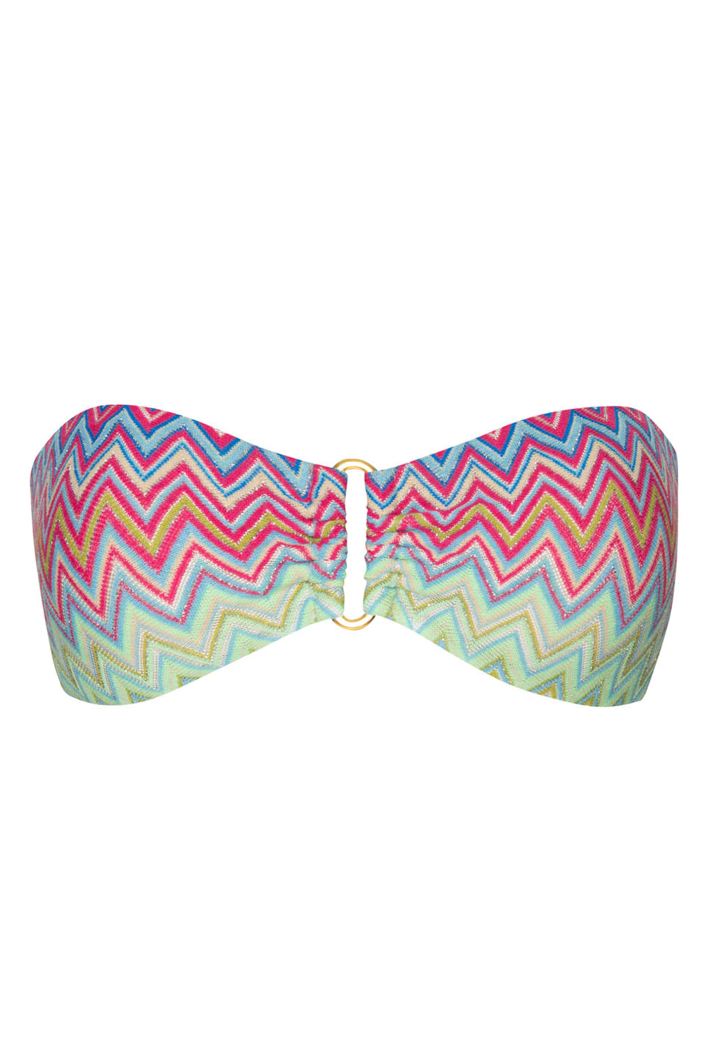 A colorful striped bandeau bikini top against a white wall.