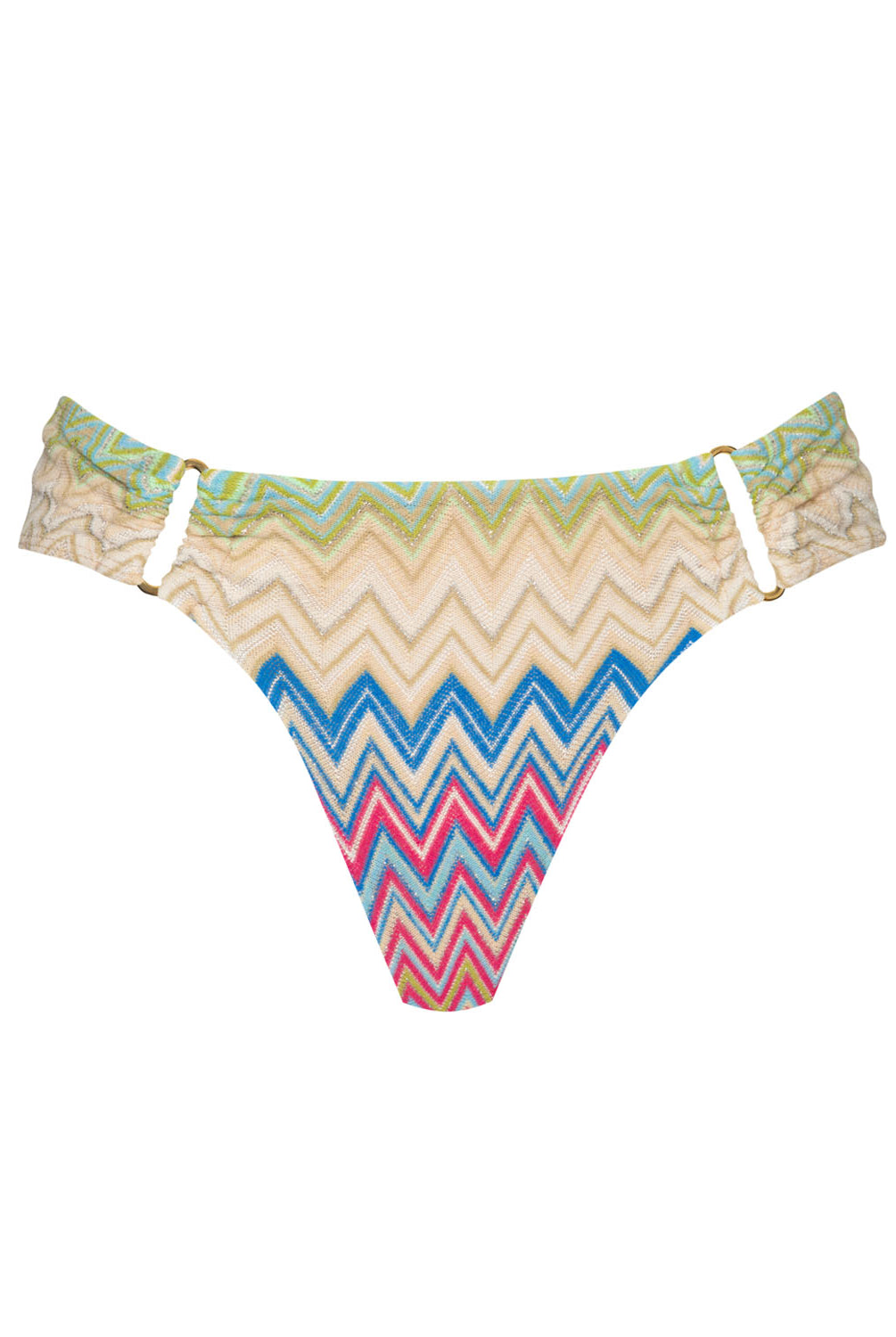 A colorful striped bikini bottom against a white wall.