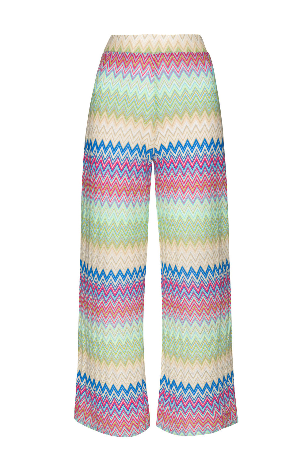 Long striped pants against a white wall.