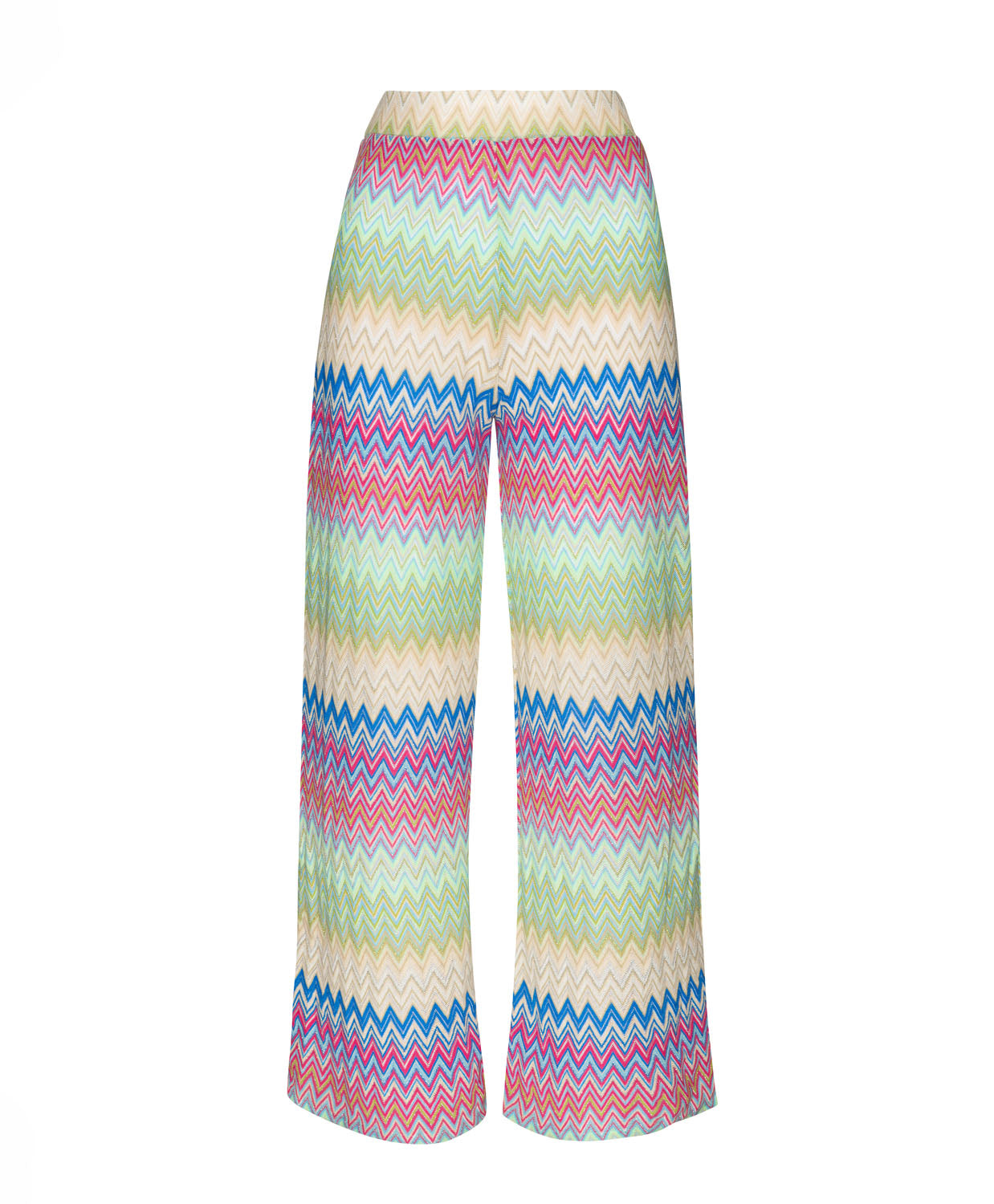 Long striped pants against a white wall.