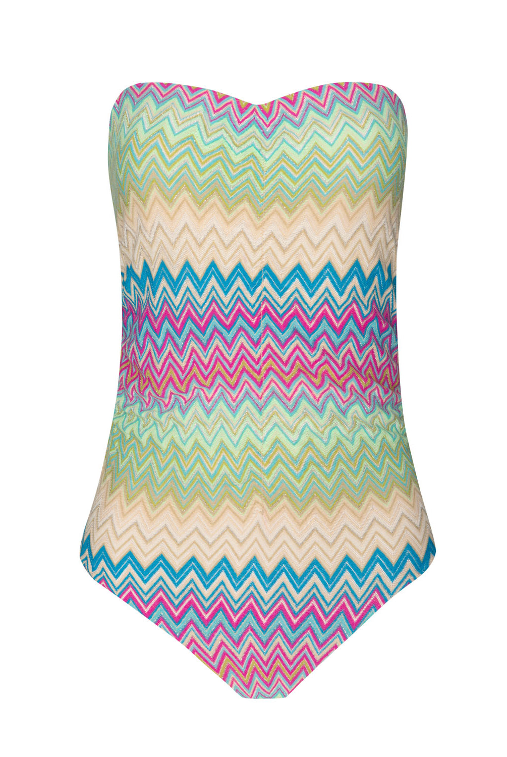 A colorful striped one piece swimsuit against a white wall.