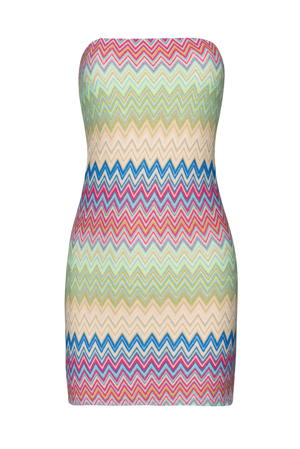 A colorful striped mini dress against a white wall.