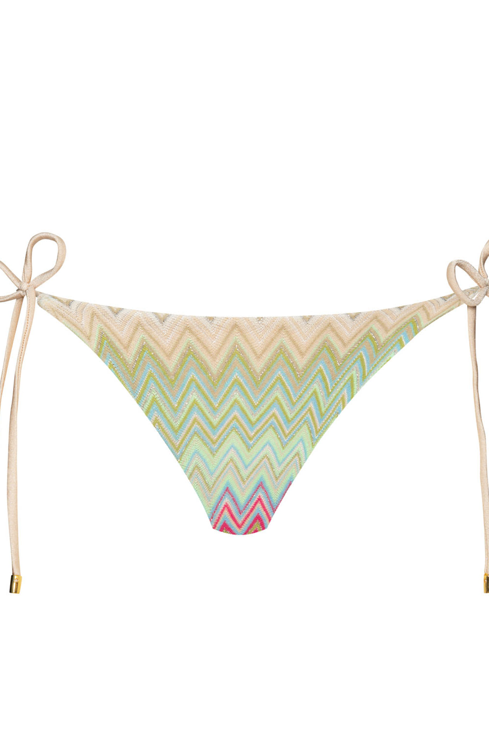 Striped bikini bottom with tie sides against a white wall.