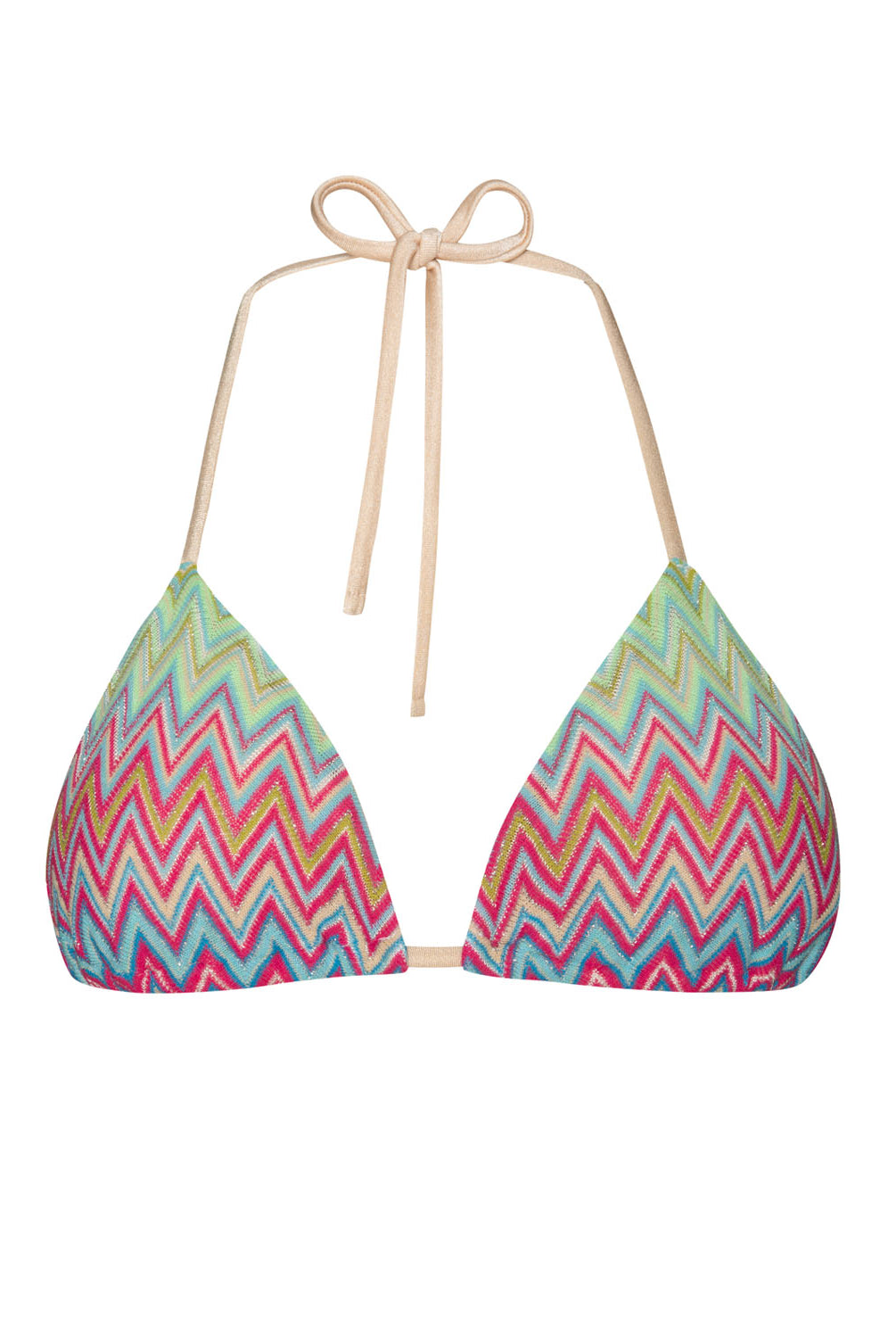 A colorful striped triangle bikini top against a white wall.