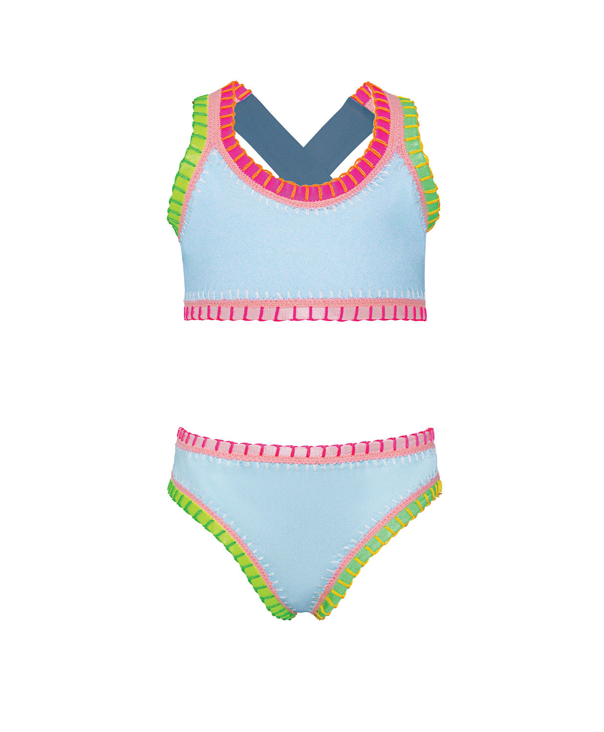 Light blue swimsuit with colorful trim on a white background