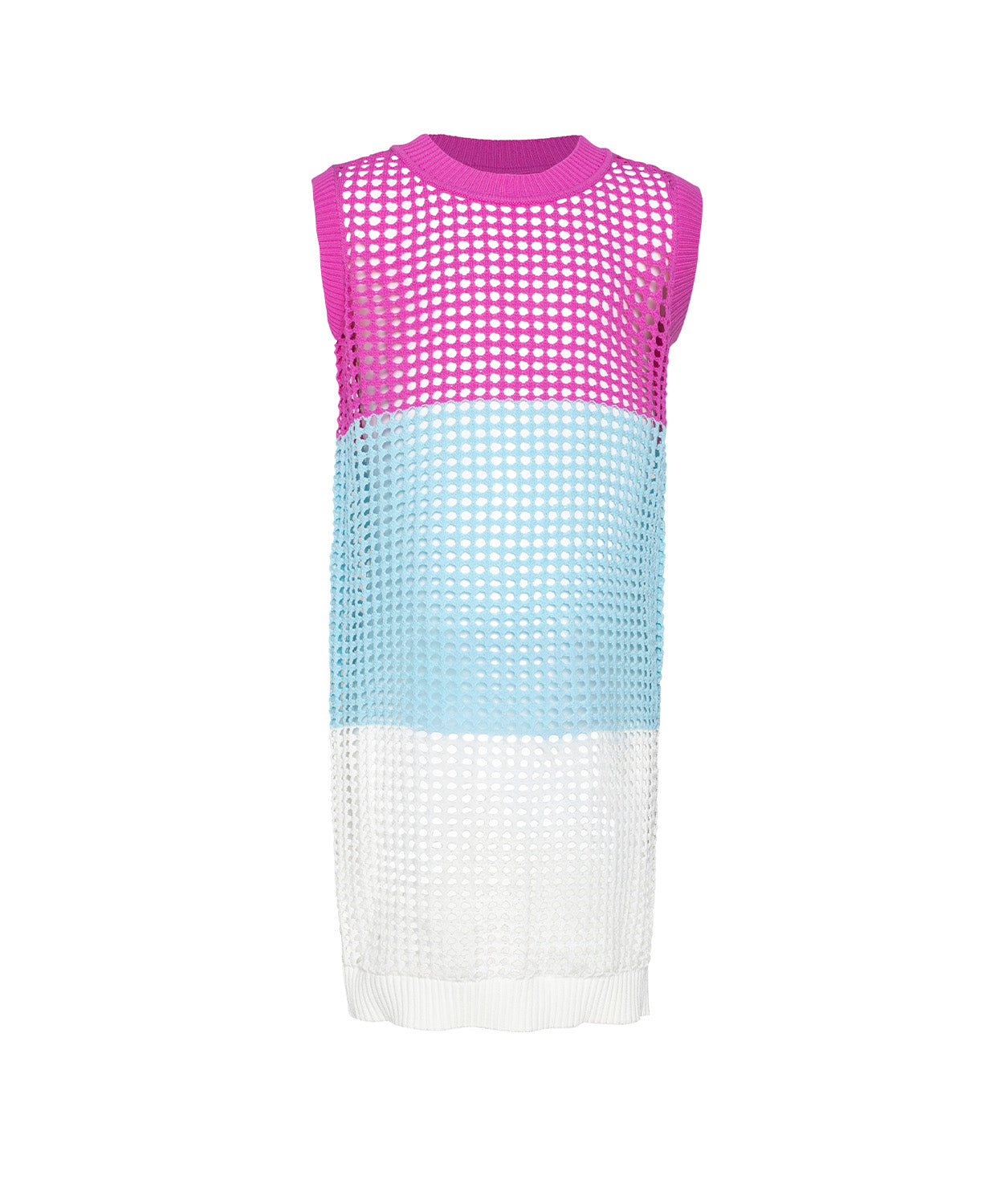 Color-blocked sleeveless dress with pink, blue, and white pattern on a white background