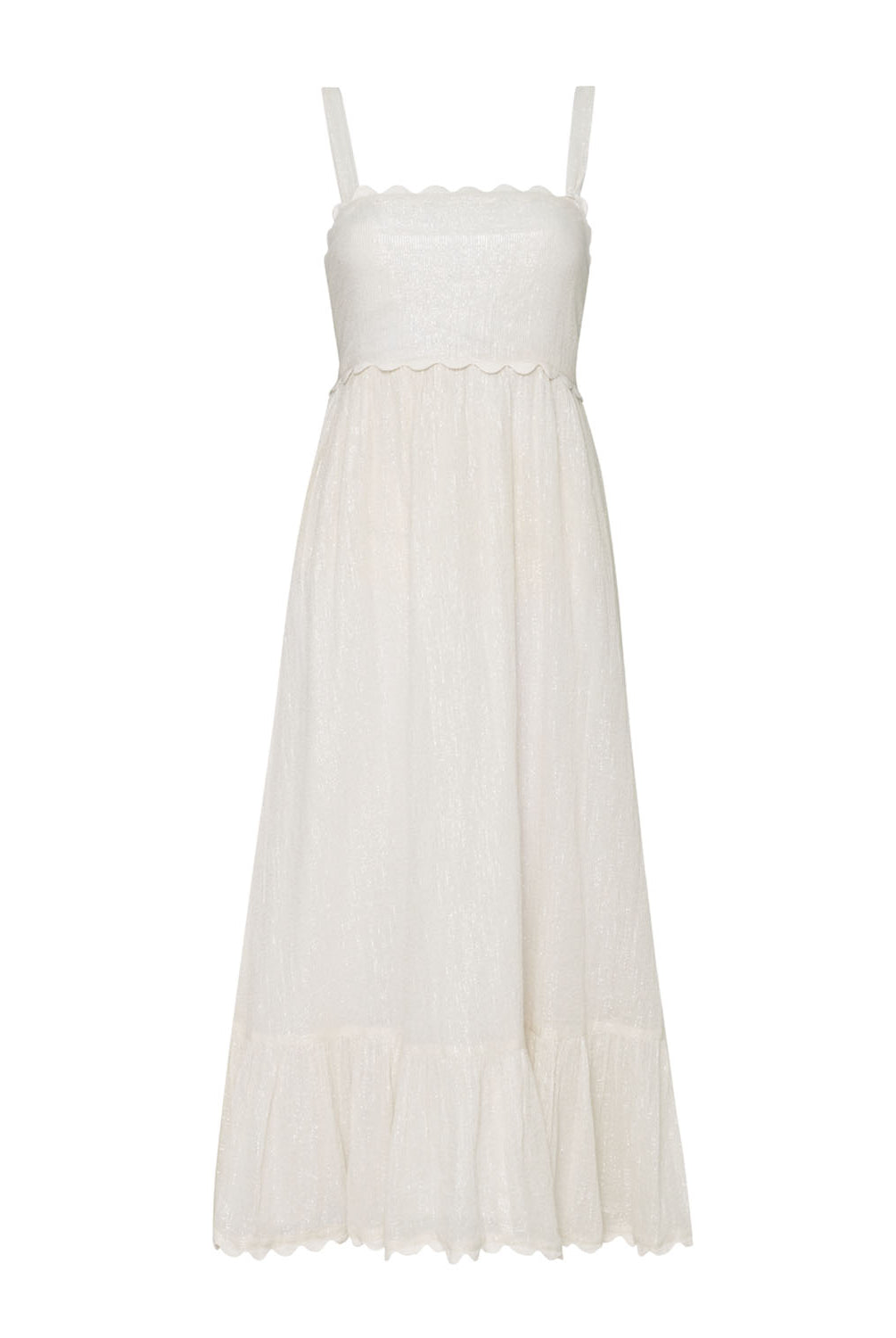 A midi length white dress against a white wall background.