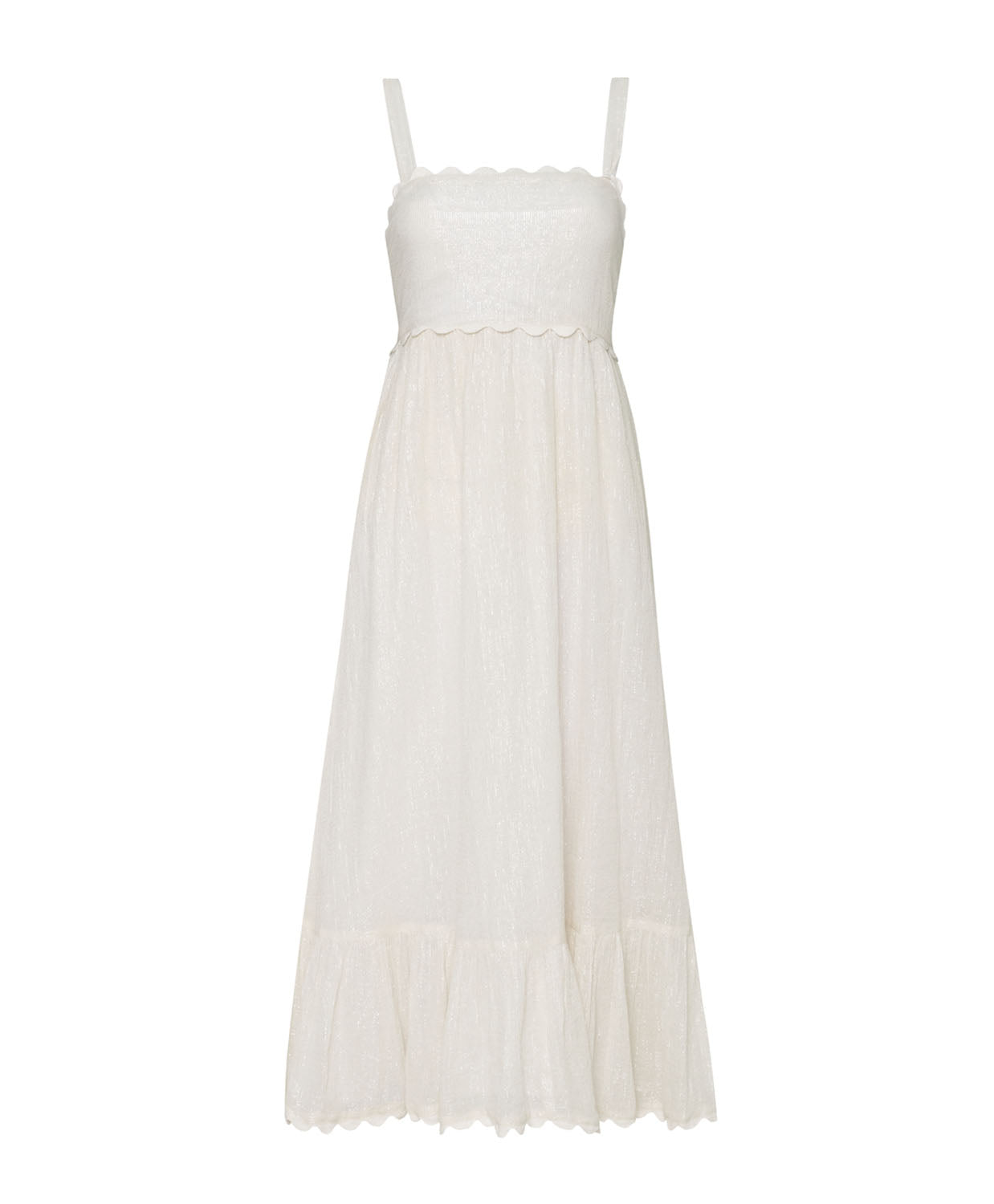 A midi length white dress against a white wall background.