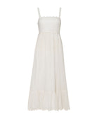 A midi length white dress against a white wall background.