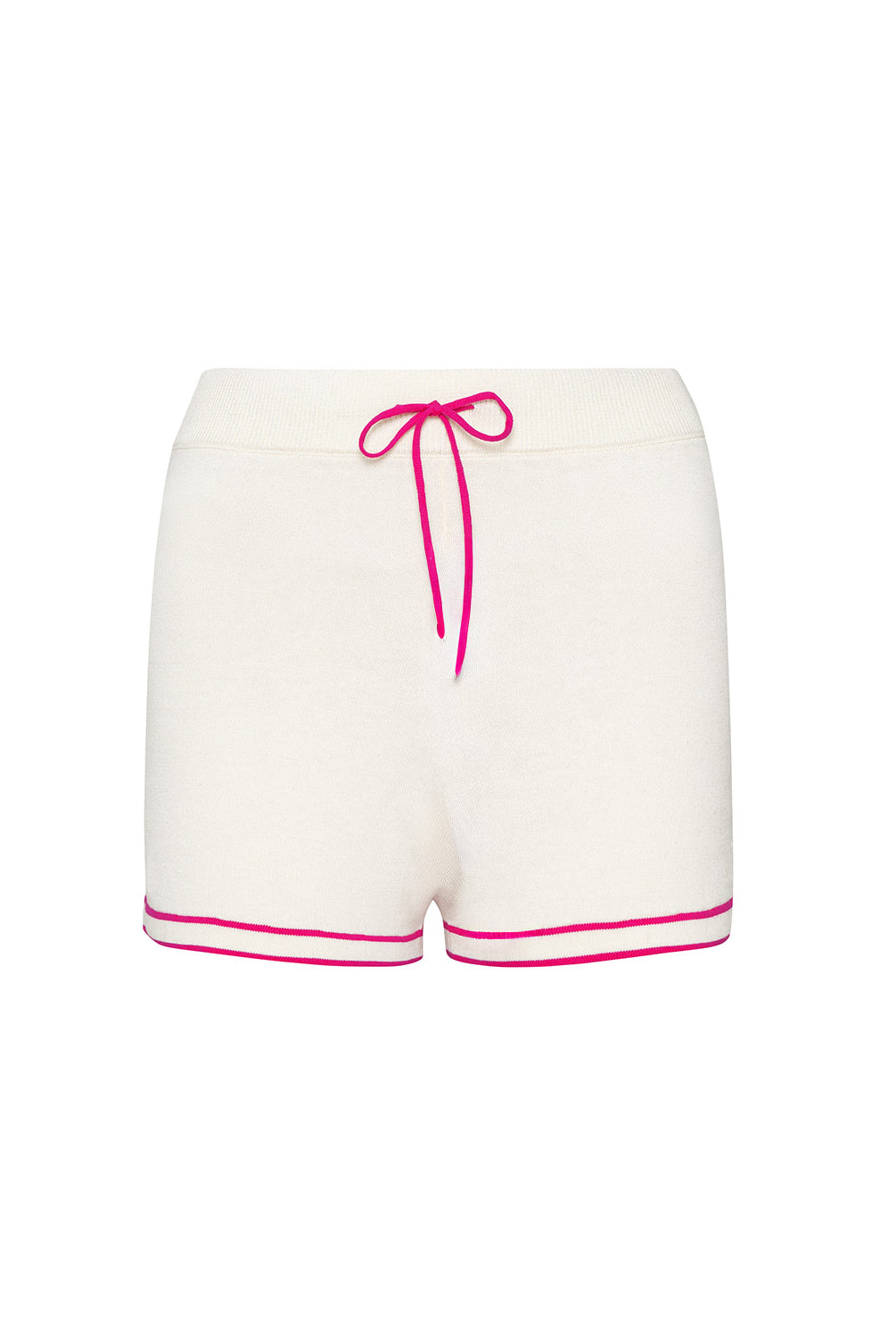 White shorts with pink trim and bow on a white background
