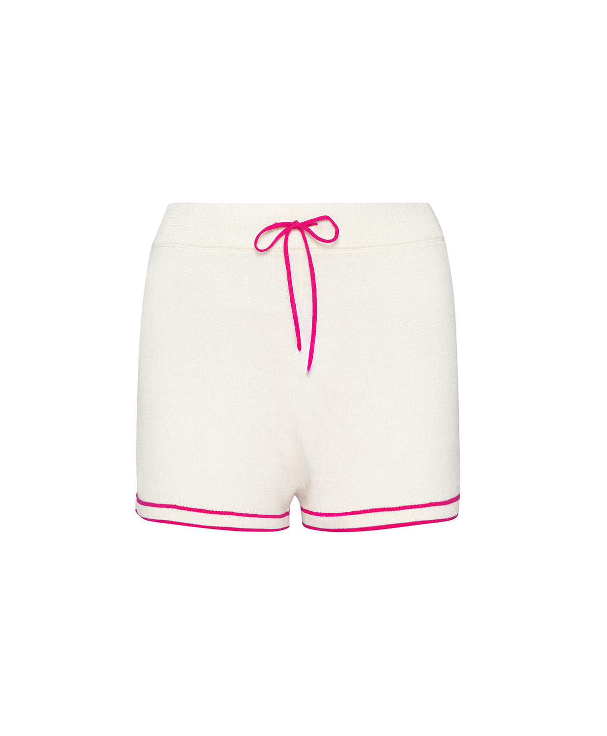 White shorts with pink trim and bow on a white background