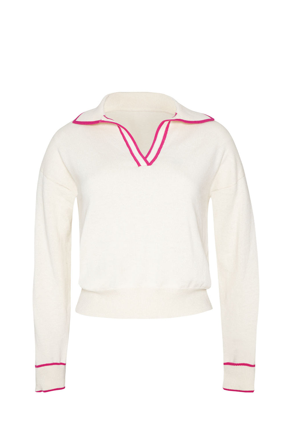 White sweater with pink trim on a white background