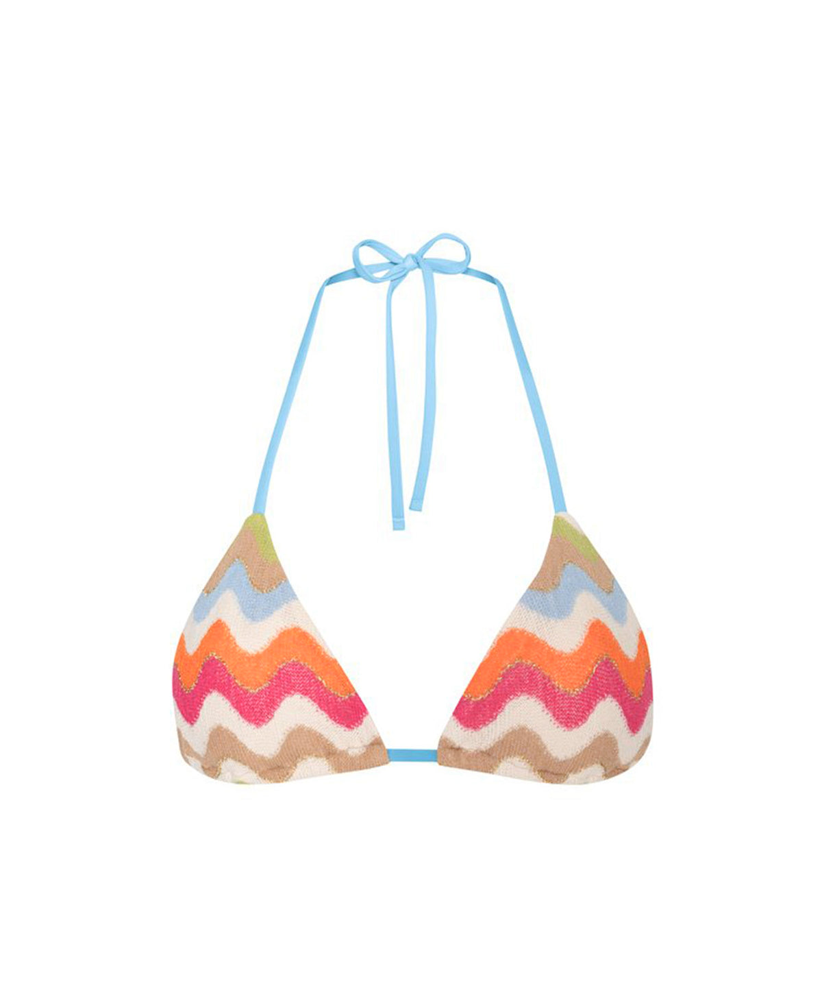 A triangle bikini top with a colorful chevron pattern in pink, orange, yellow, blue, and beige, featuring light blue halter ties, shown against a plain white background.