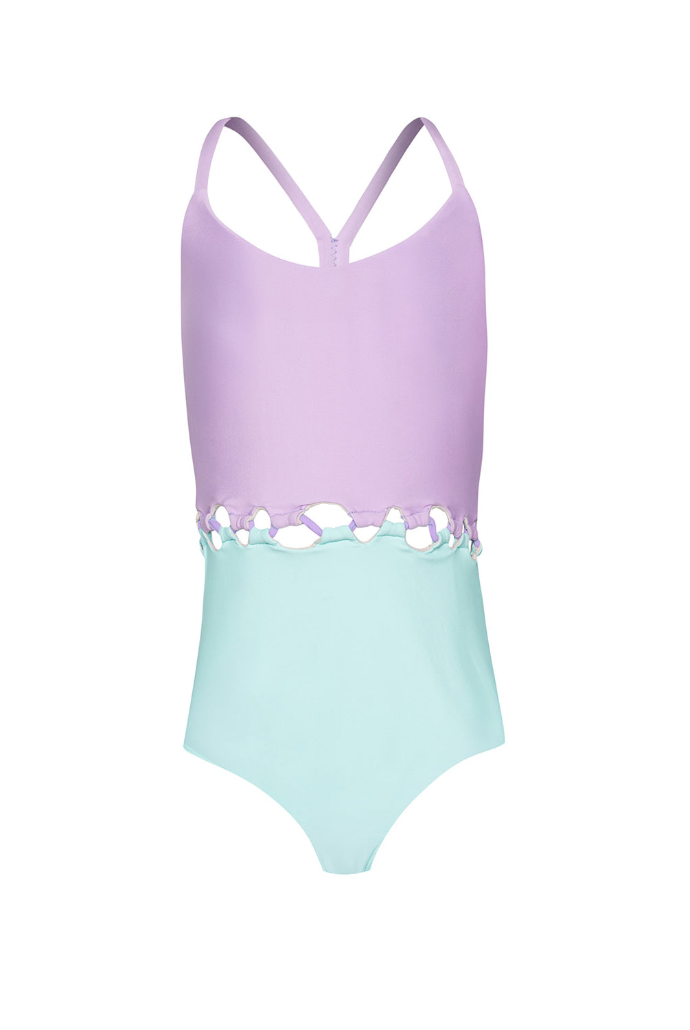 Two-tone swimsuit with purple top and light blue bottom on a white background