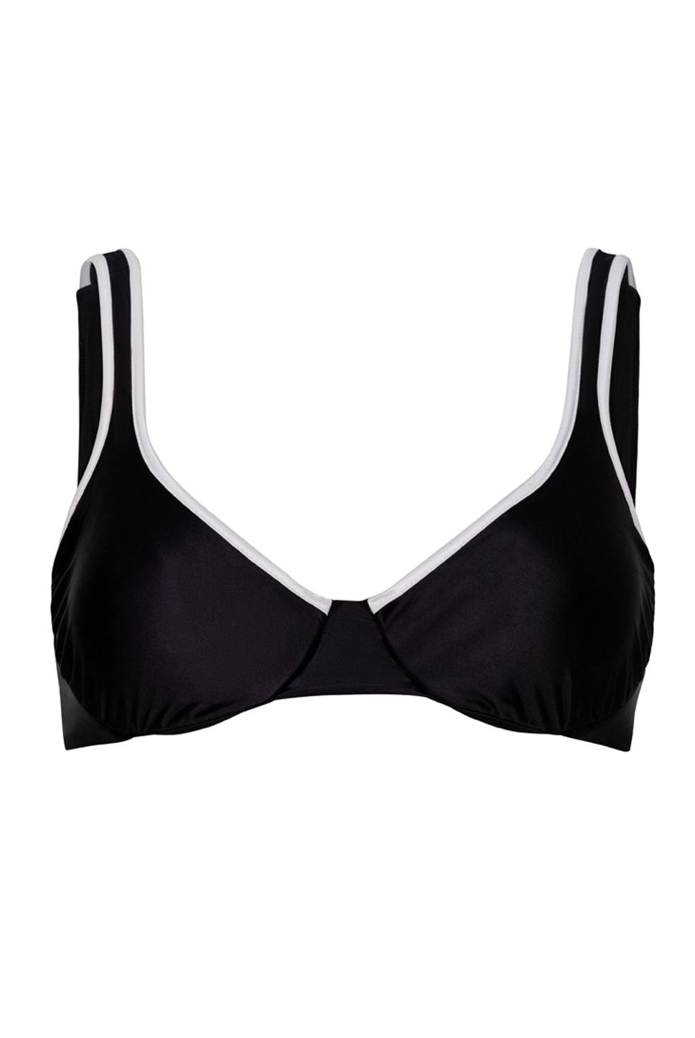 A black bikini top with white trim against a white wall.