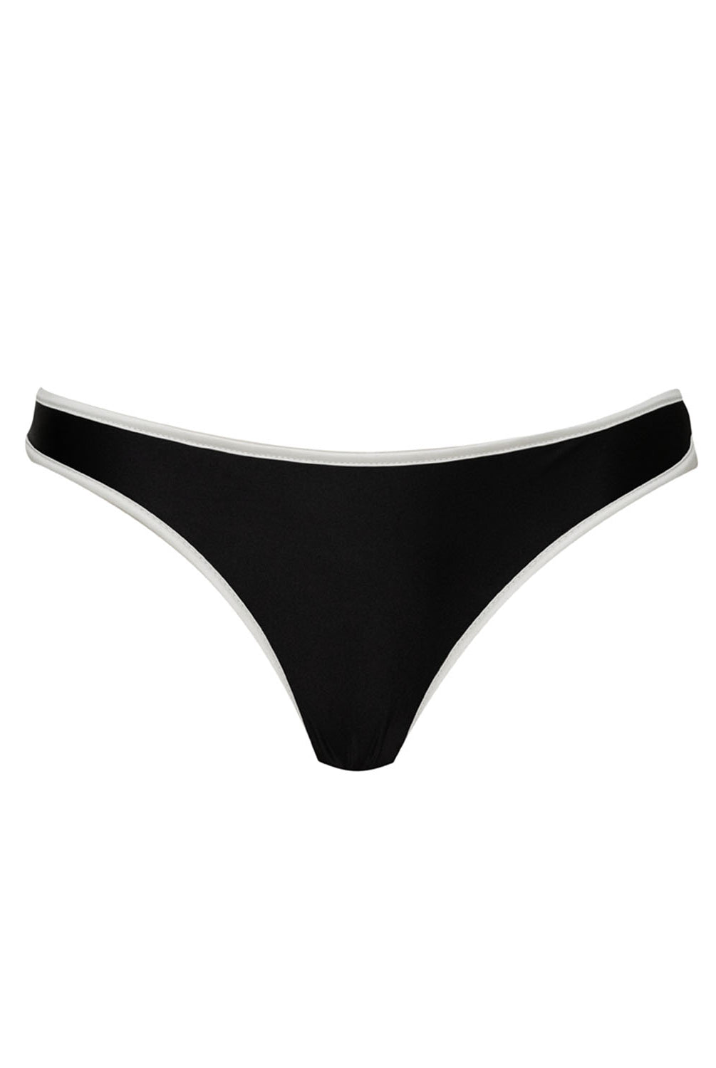 A black bikini bottom with white trim against a white wall.