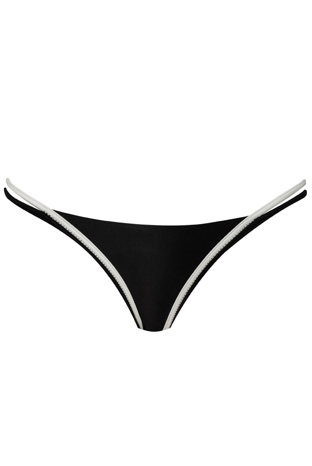 A black bikini bottom with white trim against a white wall.